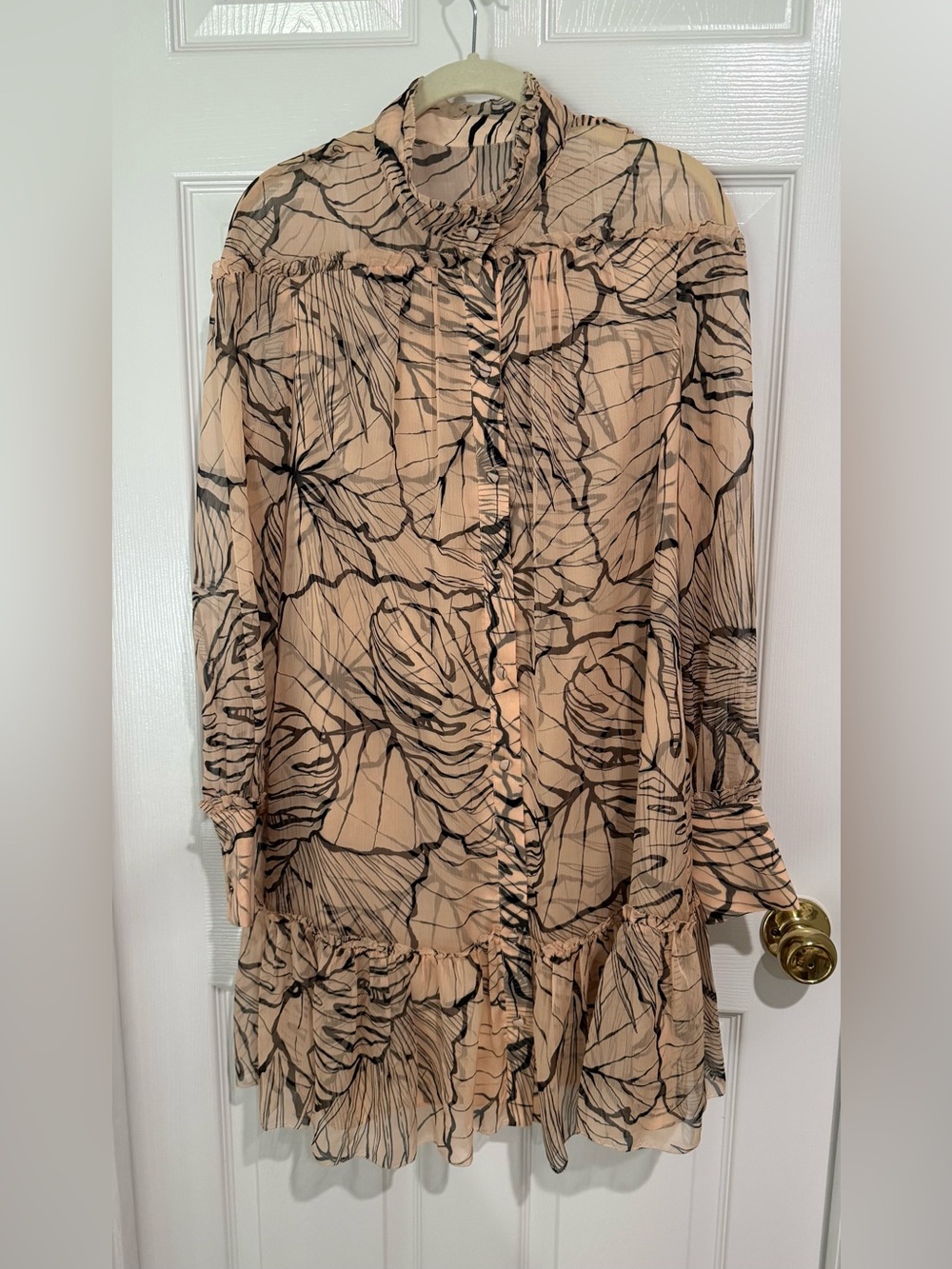 Marchesa Beige Floral Ruffle Button-Down Blouse
